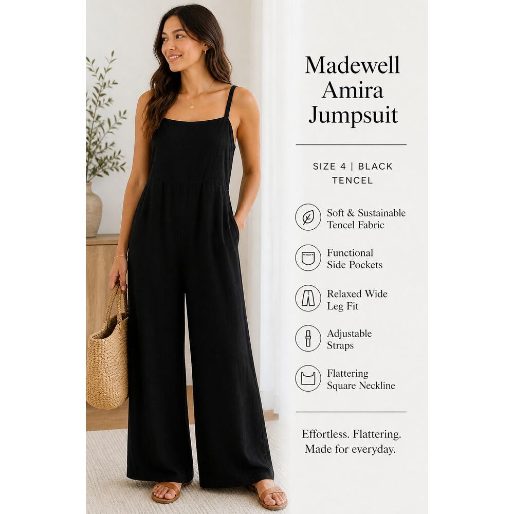 Madewell Amira Jumpsuit Black Wide Leg Pockets Square Neck SZ4 Relaxed Vacation